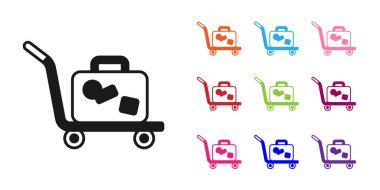 Siyah Trolley bavul simgesi beyaz arkaplanda izole edildi. Seyahat bagaj tabelası. Seyahat bagaj ikonu. Simgeleri renklendirin. Vektör