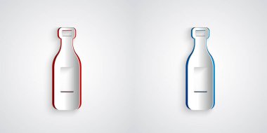 Kağıt kesiği, gri arkaplanda izole edilmiş bir şişe su ikonu. Soda su içme tabelası. Kağıt sanatı tarzı. Vektör