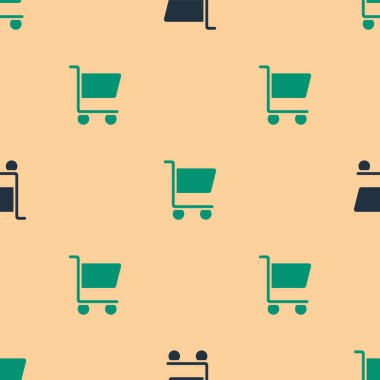 Yeşil ve siyah alışveriş arabası ikonu bej arka planda izole edilmiş pürüzsüz desen. İnternetten satın alma konsepti. Servis tabelası. Süpermarket sepeti sembolü. Vektör