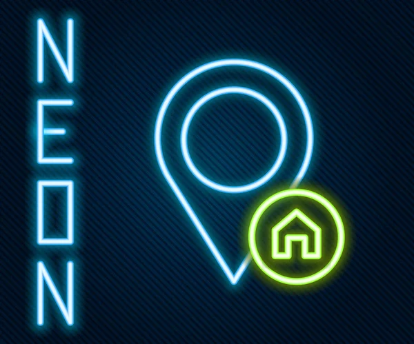 Világító Neon Vonal Térkép Mutató Ház Ikon Elszigetelt Fekete Alapon — Stock Vector