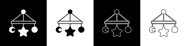 Set Baby Krippe Hängespielzeug Symbol Isoliert Auf Schwarz Weißem Hintergrund — Stockvektor