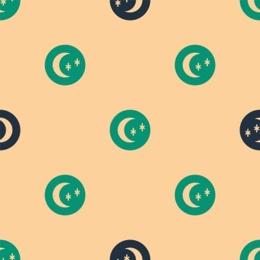 Green and black Moon and stars icon isolated seamless pattern on beige background. Cloudy night sign. Sleep dreams symbol. Full moon. Night or bed time sign.  Vector