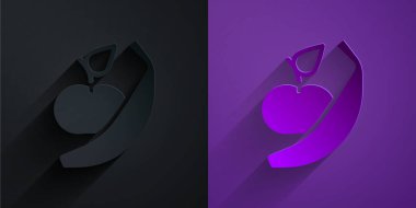 Kağıt kesiği Apple ve muz simgesi mor zemin üzerinde izole edilmiş. Fazla kilolu. Sağlıklı diyet menüsü. Fitness diyeti elması. Kağıt sanatı tarzı. Vektör