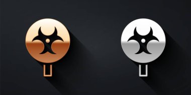 Siyah arkaplanda altın ve gümüş Biyolojik Tehlike sembolü izole edilmiş. Uzun gölge tarzı. Vektör