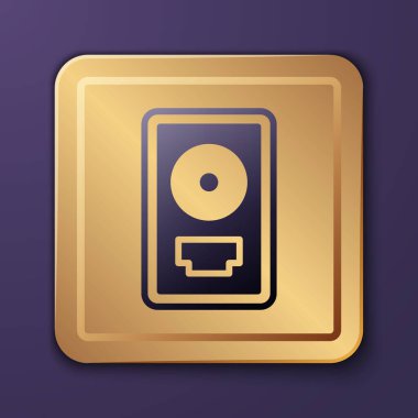 Mor arkaplanda izole edilmiş çerçeve simgesinde mor CD disk ödülü. Modern tören. En çok satan. Müzik kupası. Altın kare düğme. Vektör