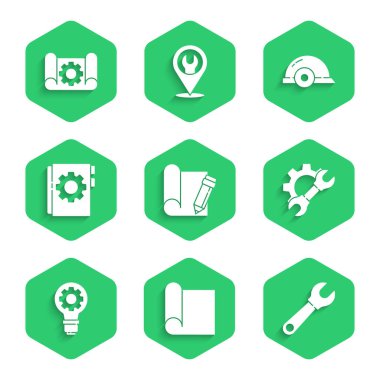 Grafik kağıdı ve kalem ayarlayın, mühendislik için, İngiliz anahtarı, dişli, ampul, kullanıcı kılavuzu, işçi kaskı ve simge. Vektör