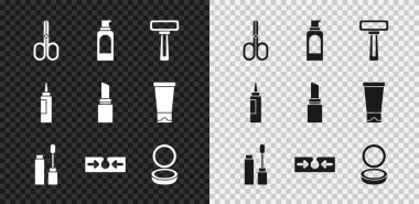 Makas, saç spreyi spreyi, tıraş bıçağı, jilet, sivilce, aynalı makyaj tozu, krem losyon kozmetik tüpü ve ruj ikonu. Vektör