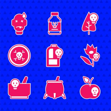 Zehirli sıvı, cadı kazanı, zehirli elma, çiçek, havan topu ve tokmak, kemik kafatası ve insan zehirlenmesi ikonu ile ayarla. Vektör