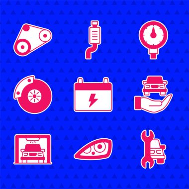 Araba aküsü, far, servis, otomotiv kontrolü, yıkama, fren diskini kalibre, lastik basınç göstergesi ve zamanlama kemeri simgesi ile ayarla. Vektör