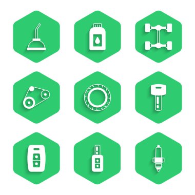 Araba tekerleğini ayarla, uzaktan kumandalı anahtar, buji, zaman ayarlı kemer kiti, Chassis arabası ve motor makine yağı ikonu için teneke kutu. Vektör