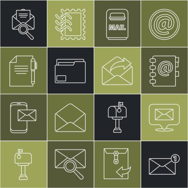 Satır Zarfı, Zarflı Konuşma balonu, Adres Defteri, Posta Kutusu, Belge Dosyası, Kalem, Büyüteç ve Giden Posta Simgesi. Vektör