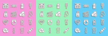 Set line Anal beads, Personal lubricant, Penis pump, Condom, Movie clapper with 18 plus content, Sex shop and Pills for potency, aphrodisiac icon. Vector