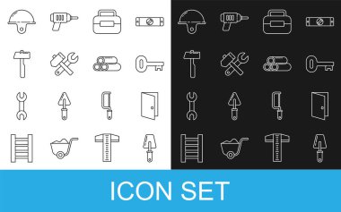 Hat Trowel, kapalı kapı, Eski anahtar, Alet Kutusu, İngiliz anahtarı, işçi kaskı ve endüstriyel metalik boru ikonu. Vektör