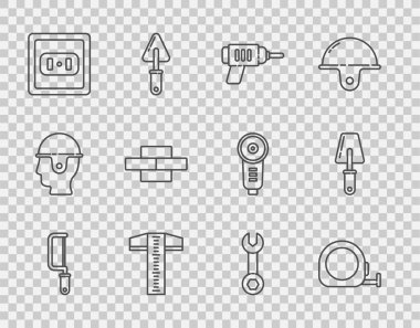 Hacksaw hattı, rulet inşaatı, elektrikli matkap, T-square hattı, elektrik prizi, tuğlalar, İngiliz anahtarı ve Trowel ikonu. Vektör