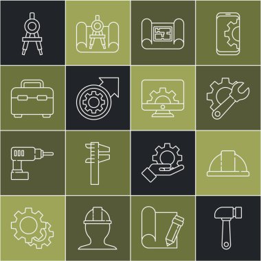 Çizgi Hammer, İşçi güvenlik kaskı, İngiliz anahtarı ve teçhizatı, Ev planı, iş akışı süreci olarak dişli okları, Araç kutusu, Pusula çizimi ve Bilgisayar monitörü simgesi. Vektör