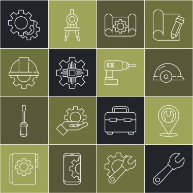 Hat anahtarı, ingiliz anahtarlı konum, işçi kaskı, grafik kağıdı ve teçhizat, işlemci, dişli ve elektrikli matkap ikonu. Vektör