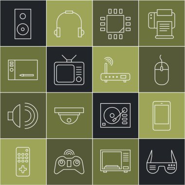 Akıllı gözlükler, akıllı telefon, cep telefonu, bilgisayar faresi, mikrodevreleri olan işlemci, işlemci, Retro TV, grafiksel tablet, Stereo hoparlör, Router ve wi-fi sinyal simgesi ayarla. Vektör