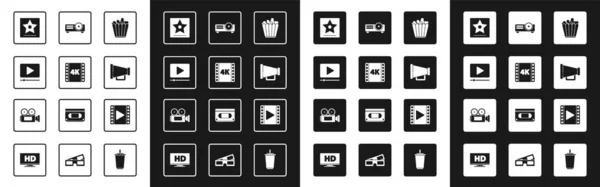 设置爆米花盒 4K电影 在线播放视频 好莱坞明星步行 Megaphone 媒体投影仪 播放视频和电影相机图标 — 图库矢量图片