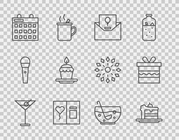 设置行马丁尼玻璃杯 邀请卡 生日日历 与燃烧的蜡烛 混合冲压碗和礼品盒图标 — 图库矢量图片