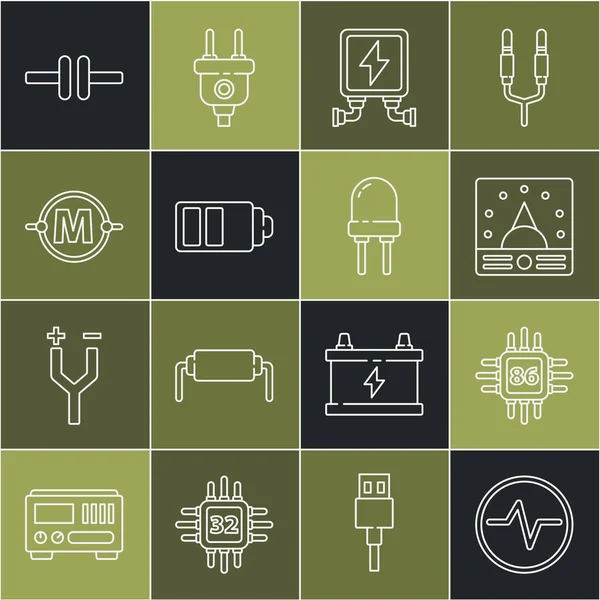 stock vector Set line Electric circuit scheme, Processor with microcircuits CPU, Ampere meter, multimeter, voltmeter, transformer, Battery charge level indicator,  and Light emitting diode icon. Vector