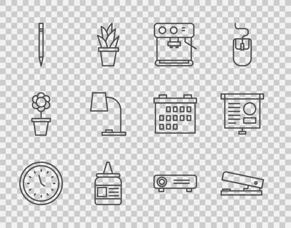 采购产品设置行时钟 办公室的订书机 咖啡机 铅笔与橡皮擦 媒体投影仪和黑板图标 — 图库矢量图片