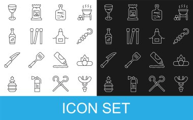 Çatala sosis, kamp ateşi, ızgara şiş kebap, kesme tahtası, kibrit, ketçap şişesi, şarap kadehi ve mutfak önlüğü. Vektör