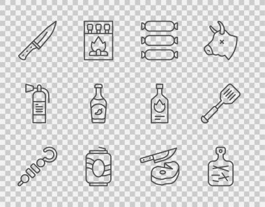 Izgara şiş kebap, kesme tahtası, sosis, soda kutusu, et helikopteri, ketçap şişesi, biftek eti, bıçak ve Spatula ikonu. Vektör