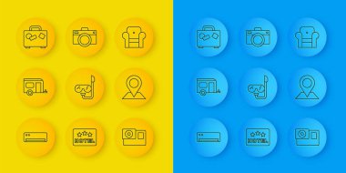 Hattı ayarlayın, klima, karavan, dalış maskesi ve şnorkel, aksiyon kamerası, konum, bavul, Armchair ve fotoğraf ikonu. Vektör