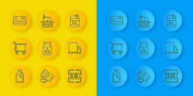 Temizlik şirketi, alışveriş arabası, reçel kavanozu, tarayıcı barkod, teslimat kamyonu, kredi kartı zeytinyağı ve elektronik ölçekli ürün ikonu için dizayn hattı. Vektör