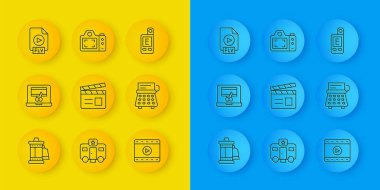 Kamera rulo kartuşu, video kaydedici, dizüstü bilgisayar, video klavye, Play, Retro daktilo, FLV dosya belgesi, ışık ölçer ve fotoğraf kamerası simgesi ayarla. Vektör