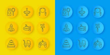 Piramit oyuncağı, roket gemisi, denizaltı, Gamepad, fırıldak, sabun köpüğü şişesi, ip atlama ve girdap ikonu. Vektör