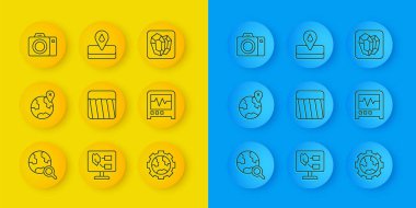 Yerdeki konum, dişli tekerlekler ve yeryüzü, sismograf, fotoğraf makinesi, mücevher taşı ve petrol ikonu. Vektör