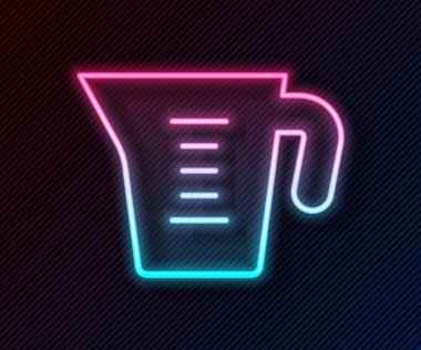 Siyah zemin üzerinde izole edilmiş kuru ve sıvı yiyecek ikonunu ölçmek için parlayan neon hattı ölçme kabı. Plastik şişenin sapı var. Vektör.