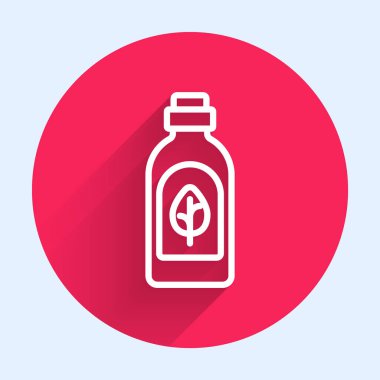 Beyaz çizgi esansiyel yağ şişesi ikonu beyaz çizgi arkaplanı izole etti. Organik aromaterapi özü. Cilt bakımı serumu cam bırakma paketi. Kırmızı daire düğmesi. Vektör.