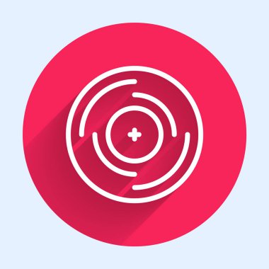 Beyaz çizgi Vinil disk simgesi uzun gölgede izole edildi. Kırmızı daire düğmesi. Vektör.
