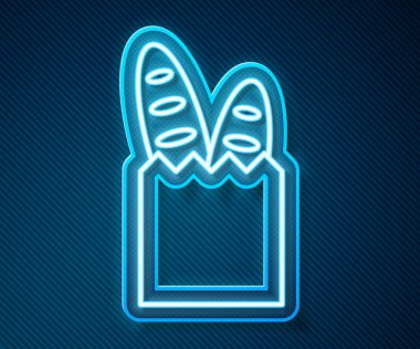 Parlayan neon hattı Fransız ekmeği ikonu mavi arka planda izole edildi. Vektör