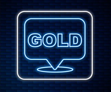 Parlayan neon hattı altın çubuk simgesi tuğla duvar arkasında izole edildi. Bankacılık işi konsepti. Vektör