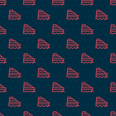 Okyanus simgesindeki kırmızı çizgi yolcu gemisi siyah arka planda izole edilmiş. Dünyayı dolaşmak. Vektör