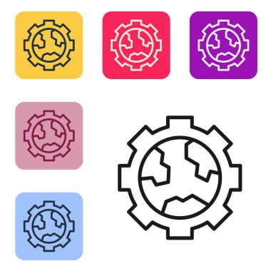 Dünya 'nın siyah çizgisi, beyaz arka planda izole edilmiş dişli ya da dişli simgesi. Parametreler ayarlanıyor. Global Seçenekler. Renkli kare düğmelerle simgeleri ayarla. Vektör