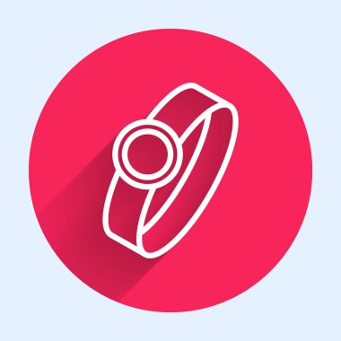 Beyaz çizgi Elmas nişan yüzüğü ikonu uzun gölge arkaplan izole. Kırmızı daire düğmesi. Vektör