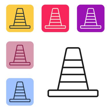 Beyaz arka planda siyah çizgi trafik konisi simgesi izole edildi. Renkli kare düğmelerle simgeleri ayarla. Vektör