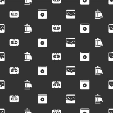 Müzik dalga dengeleyicisini, Kamera rulo kartuşunu, Retro ses kasetini ve Online video oynatıcısını pürüzsüz desen üzerine ayarla. Vektör