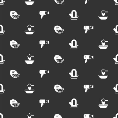 Sauna eldiveni, ballı çubuk kase, limon ve saç kurutma makinesini kusursuz desenli ayarla. Vektör