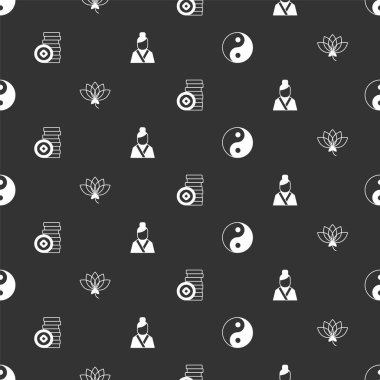 Yin Yang sembolü, nilüfer çiçeği, Çin Yuan parası ve Asyalı bir kadın. Vektör