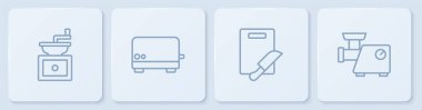 El yapımı kahve öğütücü, kesme tahtası ve bıçak, ekmek kızartma makinesi ve mutfak eti. Beyaz kare düğme. Vektör