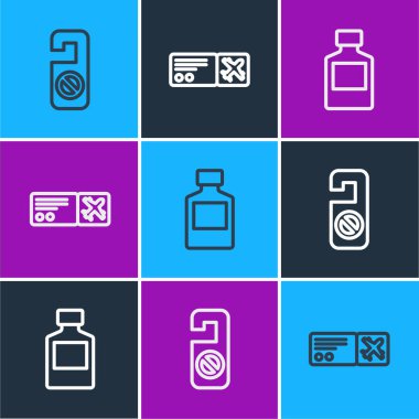 Hattı ayarlayın. Lütfen rahatsız etmeyin. Viski şişesi ve uçak bileti ikonu. Vektör