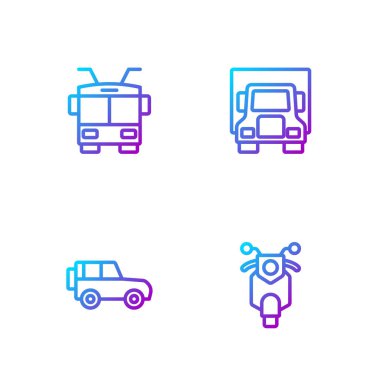 Scooter, off road car, Trolleybus ve Delivery kargo kamyonu. Renk simgeleri. Vektör