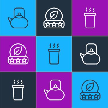 Kettle 'ı kulplu, çay fincanı ve çay yaprağı ikonuyla ayarla. Vektör