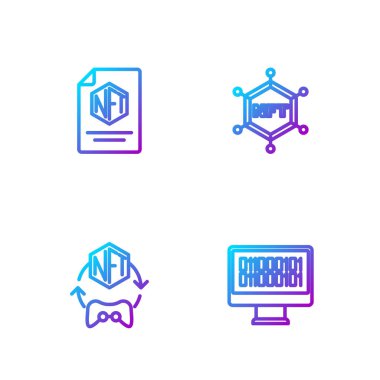 Satır İkili Kodu, NFT Dijital Şifreleme Sanatı, Sözleşme ve Engelleme Teknolojisi. Renk simgeleri. Vektör