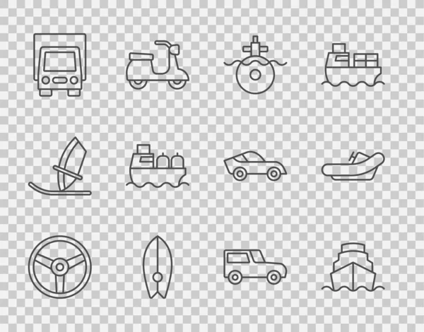 采购产品布线方向盘 冲浪板 货运卡车 汽车和驳船图标 — 图库矢量图片